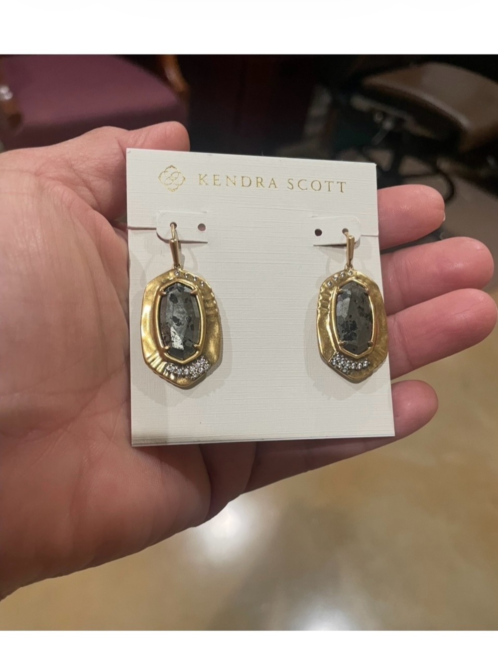 Kendra Scott Gold Earrings with Gray Stone and Clear Accents